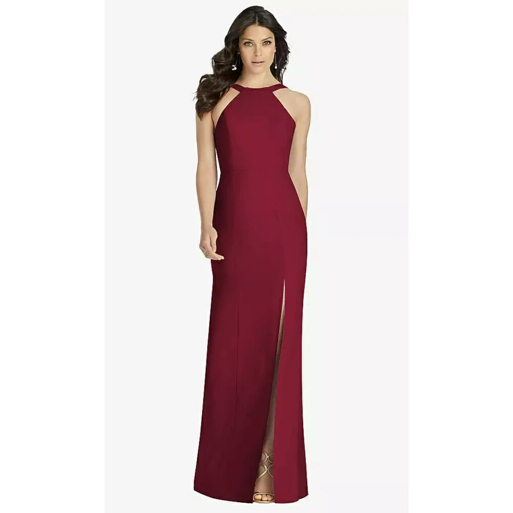 DESSY GROUP HIGH-NECK BACKLESS CREPE TRUMPET GOWN, 14R, NWT